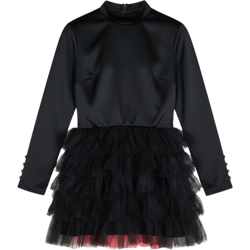 CBR Black Long Sleeve Mock Neck Tulle tutu Ruffle Dress Gold Button S slim sleek